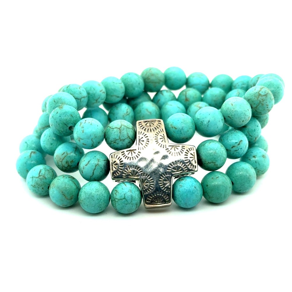 Silpada Sterling Silver Turquoise Magnesite Triple Strand Cross Stretch Bracelet